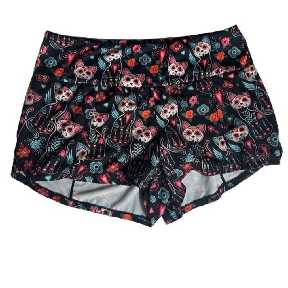 Women's Black Floral Cat Print Active Shorts